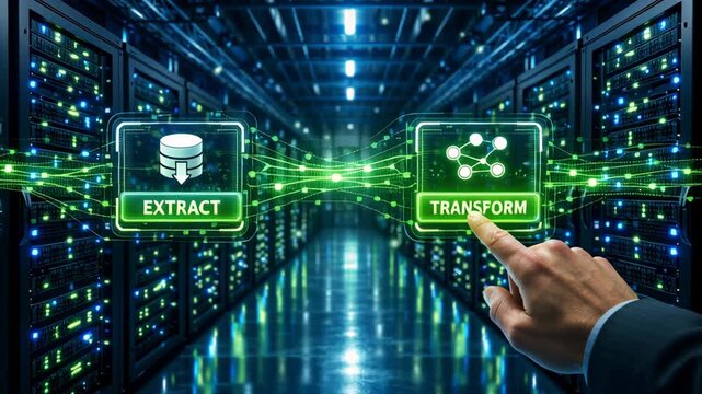 Data foundation quality. cloud based file storage, security protection, ai backup solutions business, driven data pipeline interface showing extract and transform processes secure server room