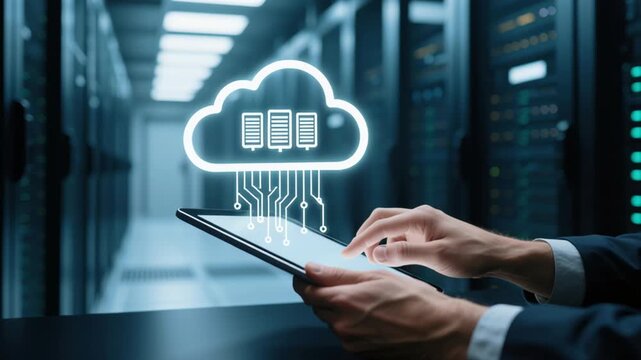 Data foundation quality. cloud based file storage, security protection, ai backup solutions business, cloud server tablet data center connection network technology touchscreen administrator control