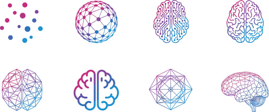 Set of digital brain icons with neural networks and geometric patterns representing artificial intelligence, machine learning, and data science.
