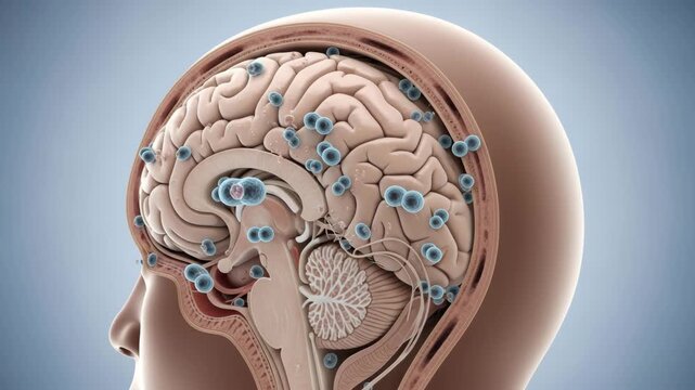 Cross Section Brain Anatomy With Small Blue Spheres Representing Molecules or Data Flow
