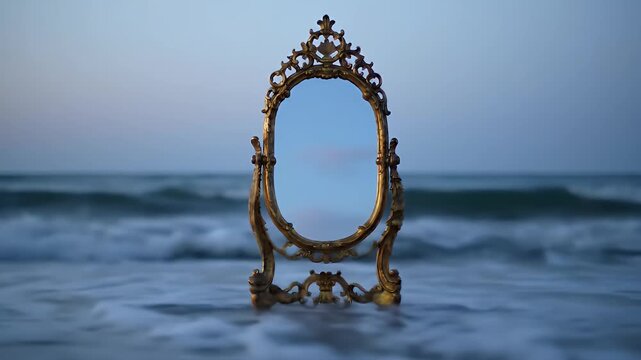 Ornate gold vintage mirror frame standing alone on a tranquil seashore at dusk with intricate curves and antique charm