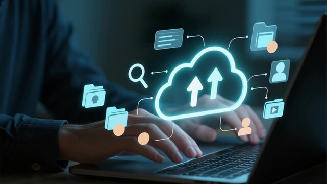 Data foundation quality. cloud based file storage, security protection, ai backup solutions business, cloud upload icon over laptop hands typing night showing digital network
