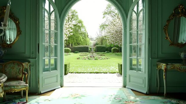 Ornate Teal Doors Open into a Luxuriant Garden View from an Elegant Interior