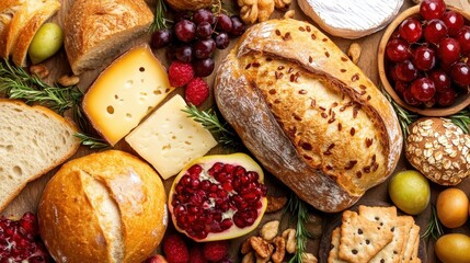 Overhead shot of picnic food including bread and cheese