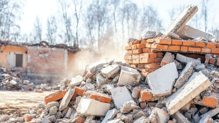 Pile of salvaged broken bricks and concrete chunks from building demolition site with dust in the air and trees in the background