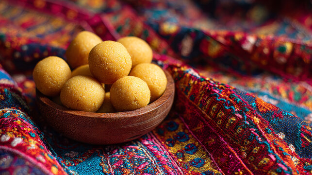 Small round indian besan laddus with golden-brown textured surface arranged in a wooden bowl on vibrant traditional fabric backdrop