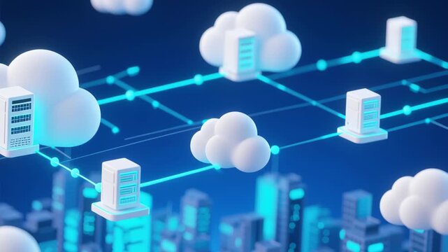 Data foundation quality. cloud based file storage, security protection, ai backup solutions business, cloud network concept showing interconnected server icons over city skyline with glowing links