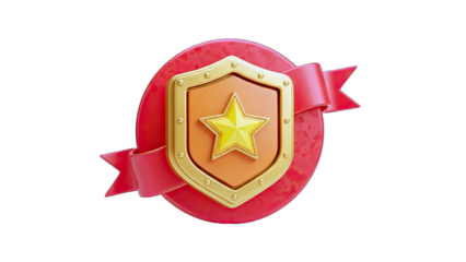3D Golden Star Shield Badge with Red Ribbon Award on transparent background