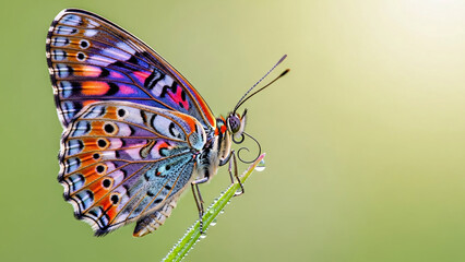 Fototapeta premium Vibrant Butterfly Perched on Dew-Kissed Grass Blade in Macro