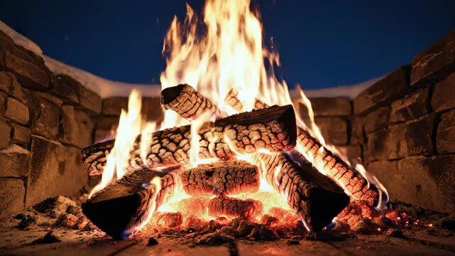 Extreme slow motion close-up of bright, crackling bonfire flames intensely licking up from a large stone outdoor fireplace during a clear winter night heat, natural, movement