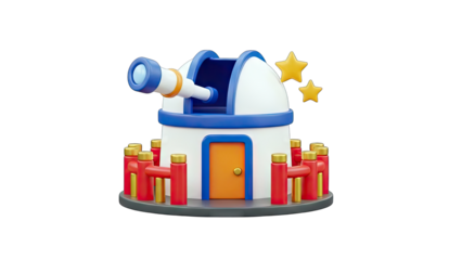 3D Icon of a Cute Observatory with Telescope and Stars on transparent background
