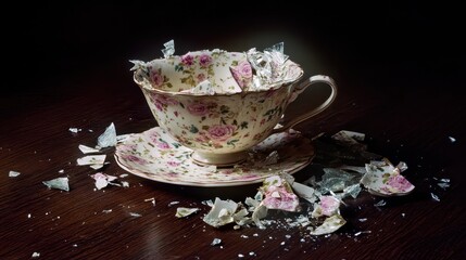 Shattered Porcelain Teacup on Saucer with Floral Pattern