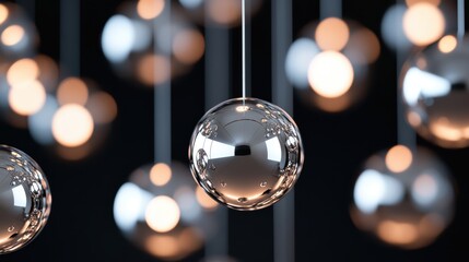 Shiny Chrome Spheres Hanging in Dark Architectural Space