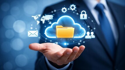 Data foundation quality. cloud based file storage, security protection, ai backup solutions business, cloud folder hologram glowing network icon hand showing secure digital backup protection - Powered by Adobe