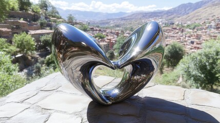 Shiny Metal Sculpture of a Heart in a Scenic Landscape