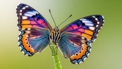 Fototapeta premium Vibrant Colorful Butterfly with Spread Wings on Dewy Green Stem