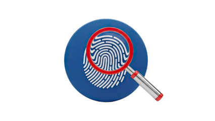 3D Magnifying glass over fingerprint icon on transparent background