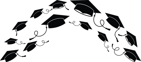 Flying graduation caps silhouettes forming arc, academic celebration success concept illustration isolated on white background for education design projects branding