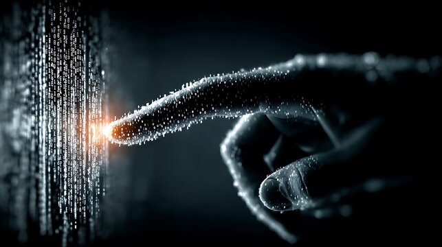 Hand Interacting with Digital Binary Code Matrix technology data
