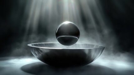 Spherical perfume bottle floating above polished silver bowl