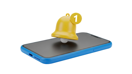 3D Mobile Phone with Notification Bell and Number 1 Badge on transparent background