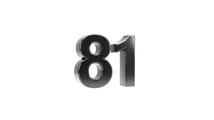 3D Number 81 3D metallic font on transparent background