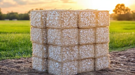Stack of cotton bales in a field with golden sunlight