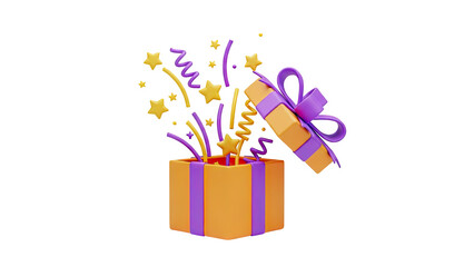 3D Open Gift Box With Confetti and Stars, Surprise Celebration on transparent background