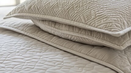 Stacked quilted pillows on bed with detailed textile patterns