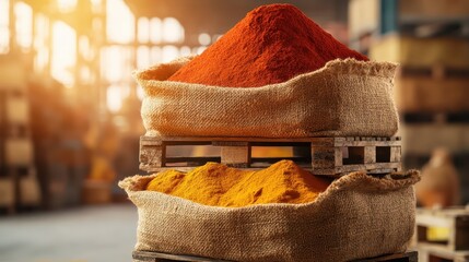 Stacks of exotic spice-filled burlap sacks in a warehouse