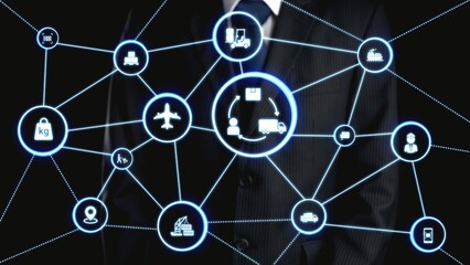 Logistics icons illustrate delivery, supply chain, warehouse, and shipping. Logistics connects global trade, logistics optimizes transport, and logistics supports inventory tracking. Gist