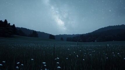 Stunning night sky and the Milky Way over a tranquil field