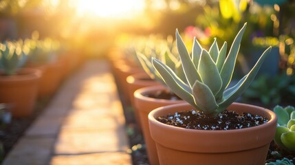 Succulent Plants in Terracotta Pots Bathed in Warm Sunlight
