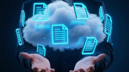 Data foundation quality. cloud based file storage, security protection, ai backup solutions business, cloud computing document management cloud floating over hands illustrating secure backup
