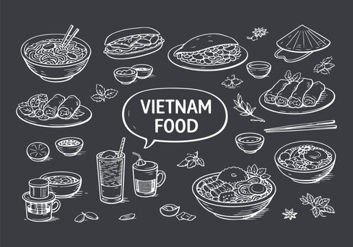 Hand-Drawn Collection of Authentic Vietnamese Food and Drinks