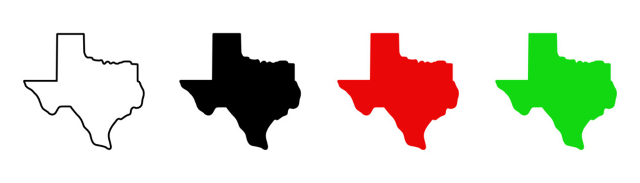 Set of minimalist Texas state map icons with transparent background, depicting geographic shapes for locations, travel, and American identity, vector illustration