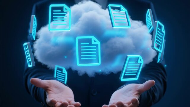 Data foundation quality. cloud based file storage, security protection, ai backup solutions business, cloud computing document management cloud floating over hands illustrating secure backup