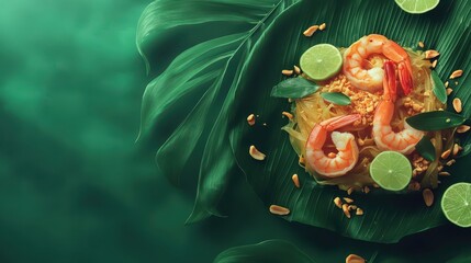 Thai Pad Thai dish with fresh shrimp and lime on a banana leaf