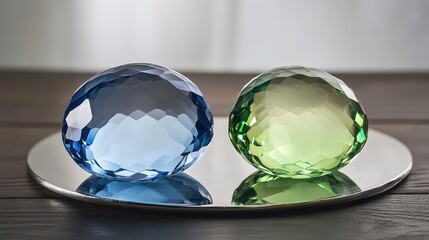 Two perfectly smooth round faceted gemstones one blue sapphire and the other green sit on a reflective surface