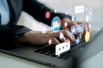 Multiple social media icons, likes, messages, and notifications representing online interaction, engagement, and digital communication Parse