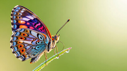 Obraz premium Colorful Butterfly with Dew Drops on Green Grass Blade Macro