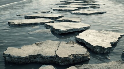 Uneven gray concrete slabs creating a textured stepping stone path through shallow water with reflections