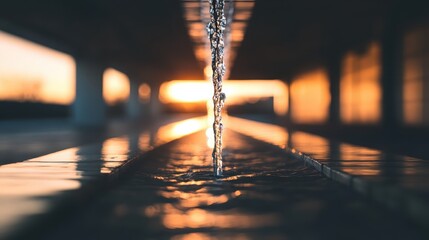 Water cascading down with shimmering reflection of the evening light