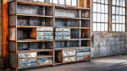 Warped and buckled industrial metal shelving units with drawers and empty compartments in a vintage storage setting