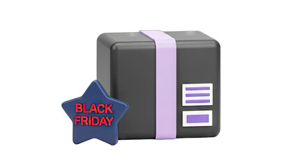3D Black Friday gift box with star badge on transparent background