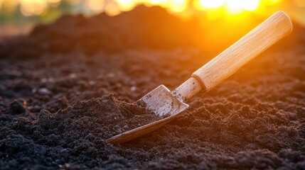 Wooden trowel in dark rich soil under warm sunlight outdoors