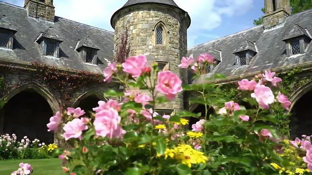 Picturesque medieval stone ch?teau courtyard with ivy-covered arches and blooming gardens