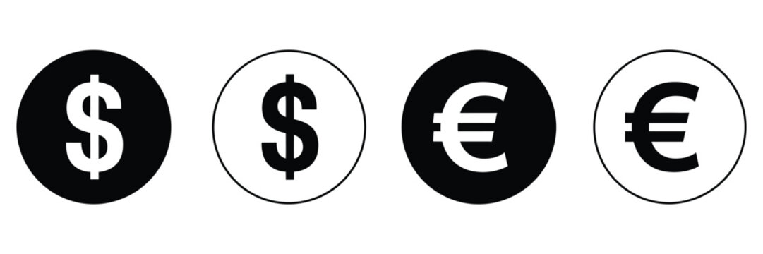 Dollar and euro currency icon set, vector symbols representing money, finance, wallet, payment, and banking concepts for digital applications