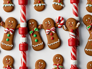 Cute Gingerbread Man Cookie with Candy Canes and Green Bow Tie Isolated on Gray Background.  Generative Ai