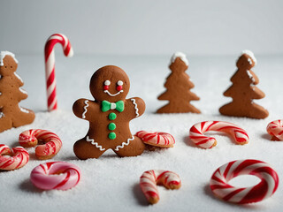 Cute Gingerbread Man Cookie with Candy Canes and Green Bow Tie Isolated on Gray Background.  Generative Ai